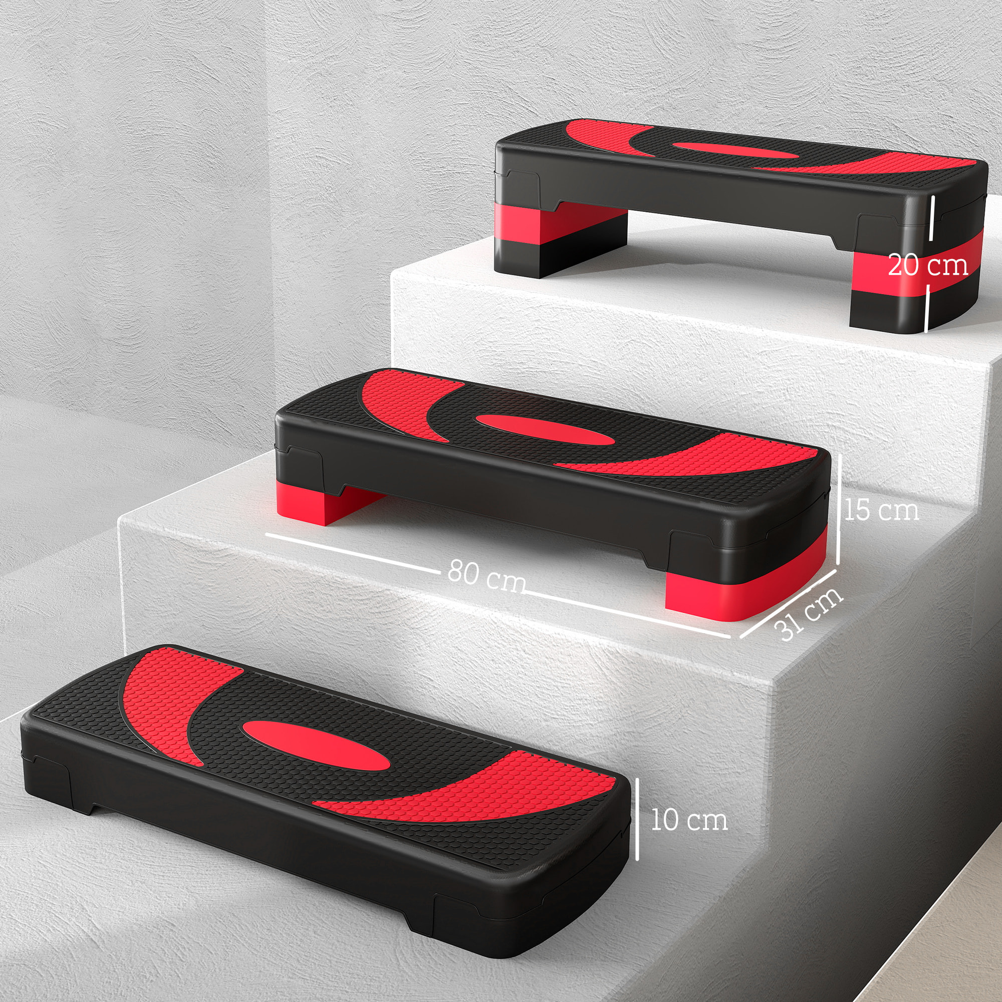 Step de Aeróbic, Step para Fitness Antideslizante con Altura Regulable 3 Niveles de 10/15/20 cm, Tabla Plataforma Stepper para Ejercicio en Casa Gimnasia, Carga 150 kg 80x31x20 cm, Rojo