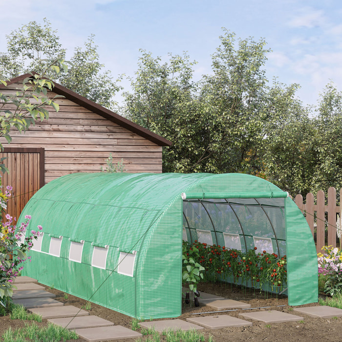 Serre de jardin 18 m² porte parois latérales zippées enroulables 8 fenêtres acier PE haute densité vert