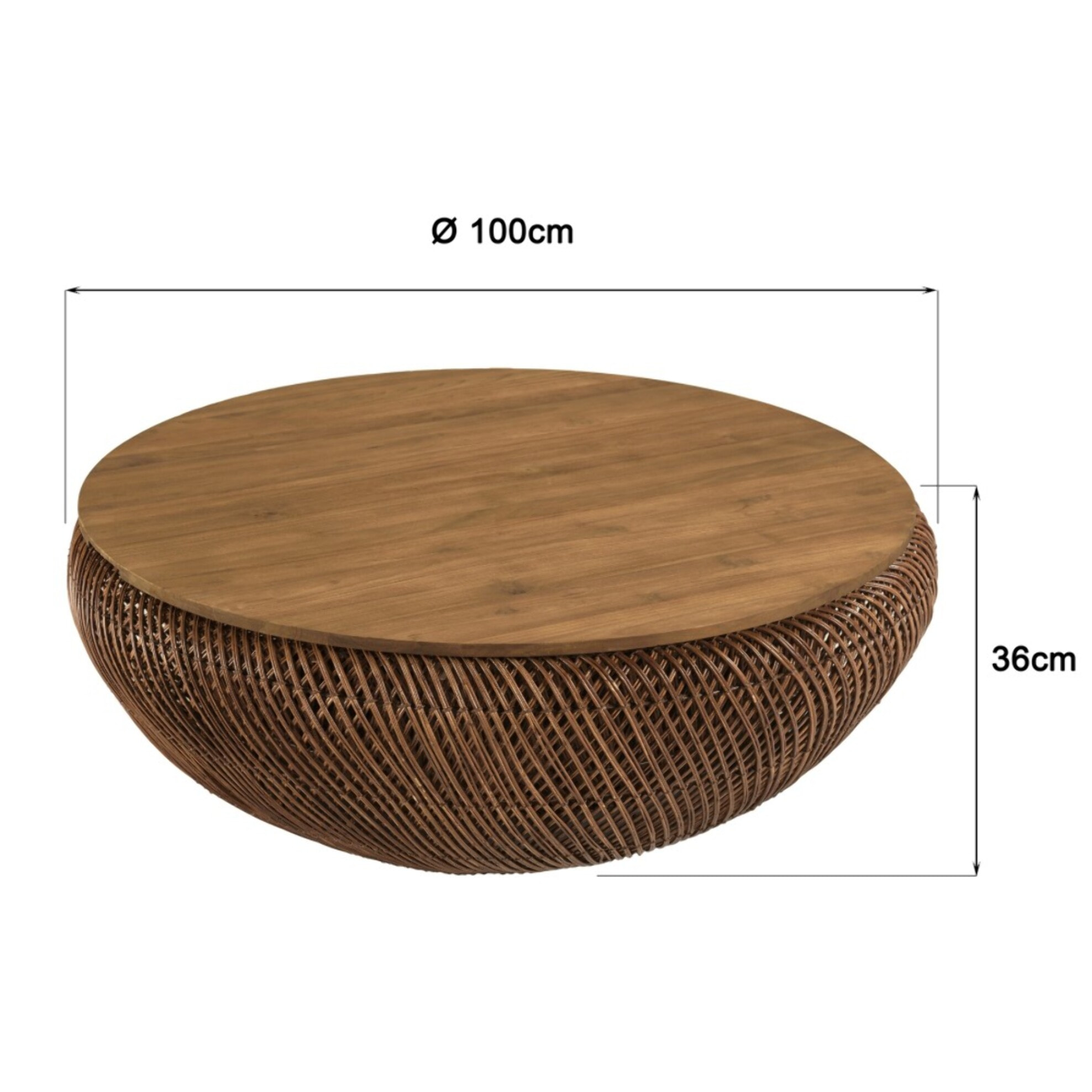 SIXTINE - Table basse en rotin couleur marron et bois de teck recyclé D100cm