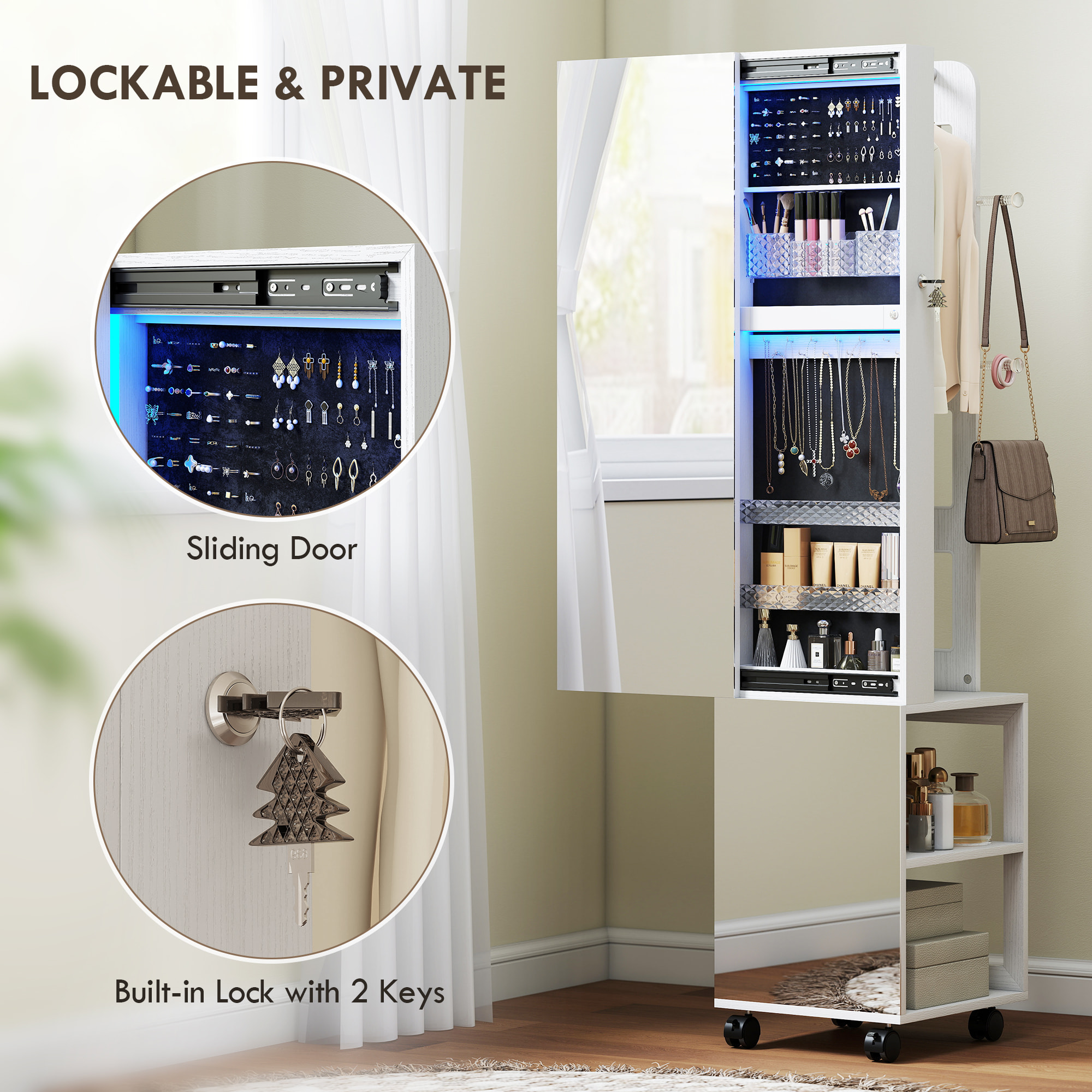 Armoire à bijoux LED miroir penderie multi-rangement 3 en 1 dim. 40 x 37 x 165 cm effet bois blanc