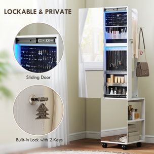 Armoire à bijoux LED miroir penderie multi-rangement 3 en 1 dim. 40 x 37 x 165 cm effet bois blanc