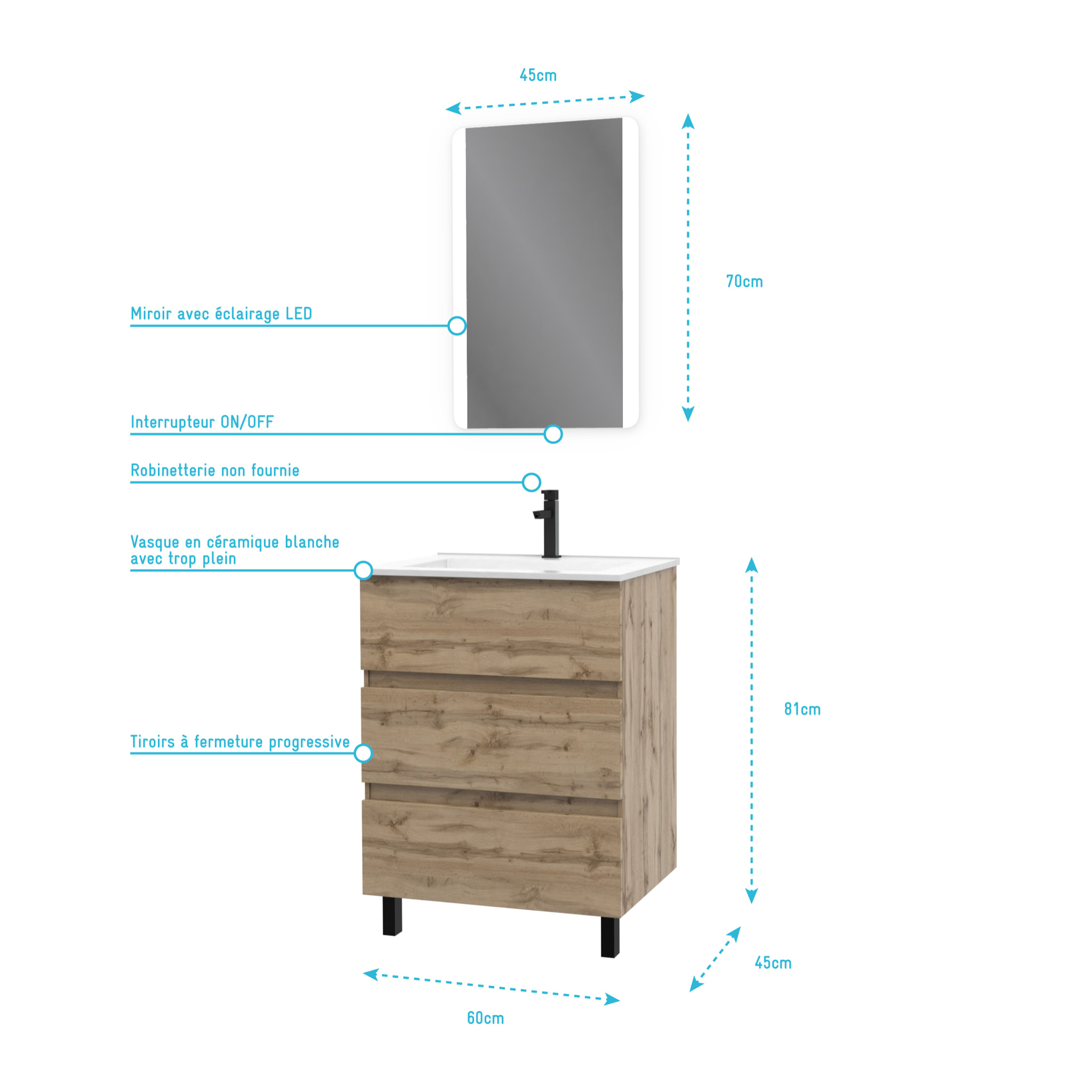 Pack Meuble SDB 60cm sur pieds 3 tiroirs Chene Naturel - Vasque blanche + Miroir Led - TIMBER 60