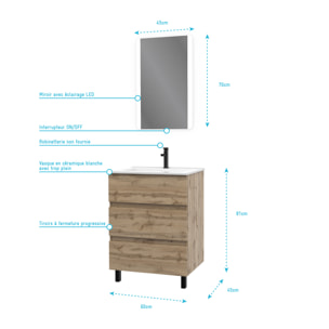 Pack Meuble SDB 60cm sur pieds 3 tiroirs Chene Naturel - Vasque blanche + Miroir Led - TIMBER 60