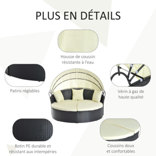 Lit canapé de jardin modulable avec coussins résine noir beige