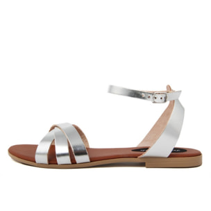 Sandali Flat Made in Italy in pelle colore Argentato, Altezza tacco 1,2 cm