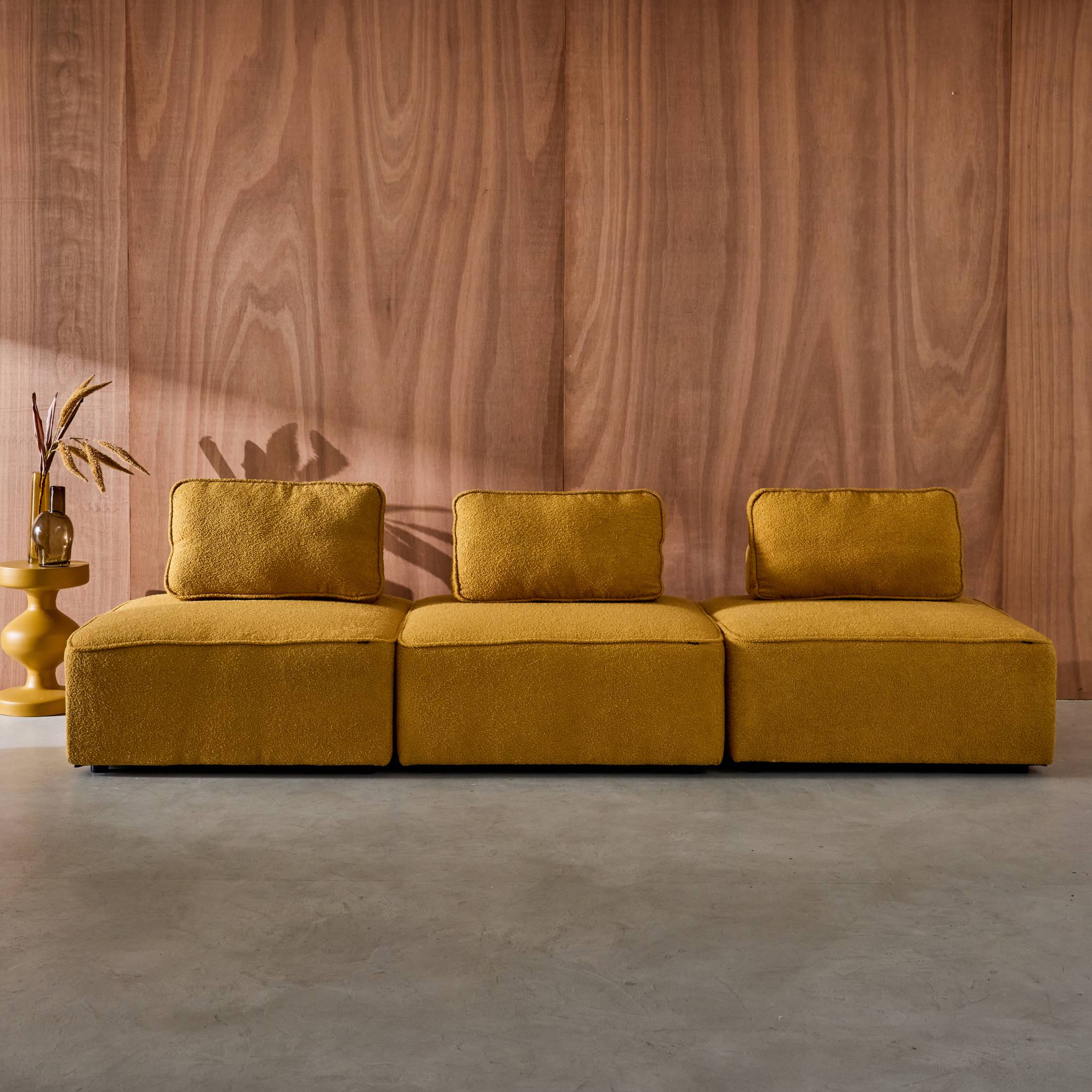 Lot de 3 chauffeuses pour canapé modulable tissu bouclette moutarde 1 place Bao. L 90 x P 90 x H 74cm