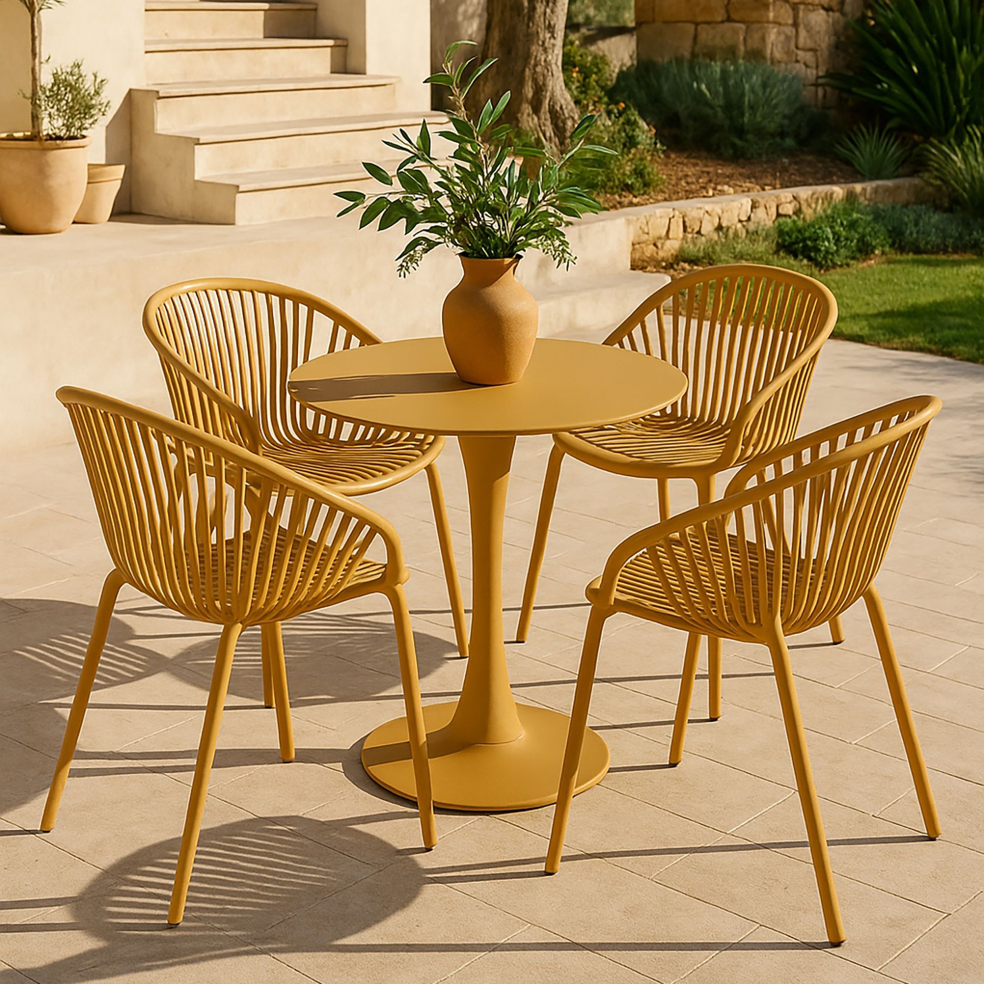 Lot de 4 fauteuils de table extérieur ocre en polypropylène et métal CALYPSO