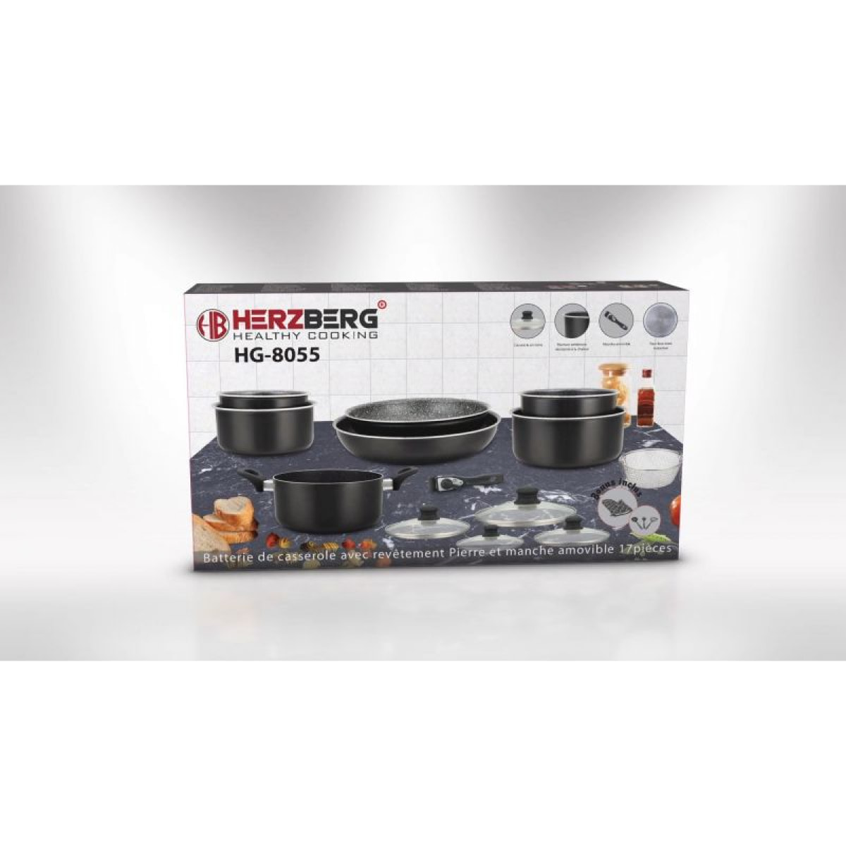 Batterie de cuisine revêtement pierre avec manche amovible 17 pièces noir Herzberg  HG8055-BLK