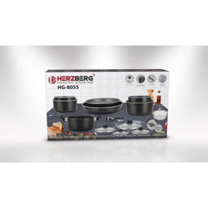 Batterie de cuisine revêtement pierre avec manche amovible 17 pièces noir Herzberg  HG8055-BLK