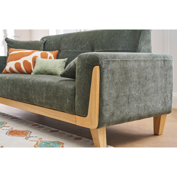 Canapé scandinave 3 places en tissu effet velours vert kaki et bois clair FJORD