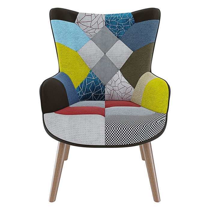 Poltrona Patchwork Memory Foam con Braccioli Imbottita Schienale Alto Piedi in Legno Design Ufficio Studio Salotto Soggiorno 76x68x98 cm Multicolore