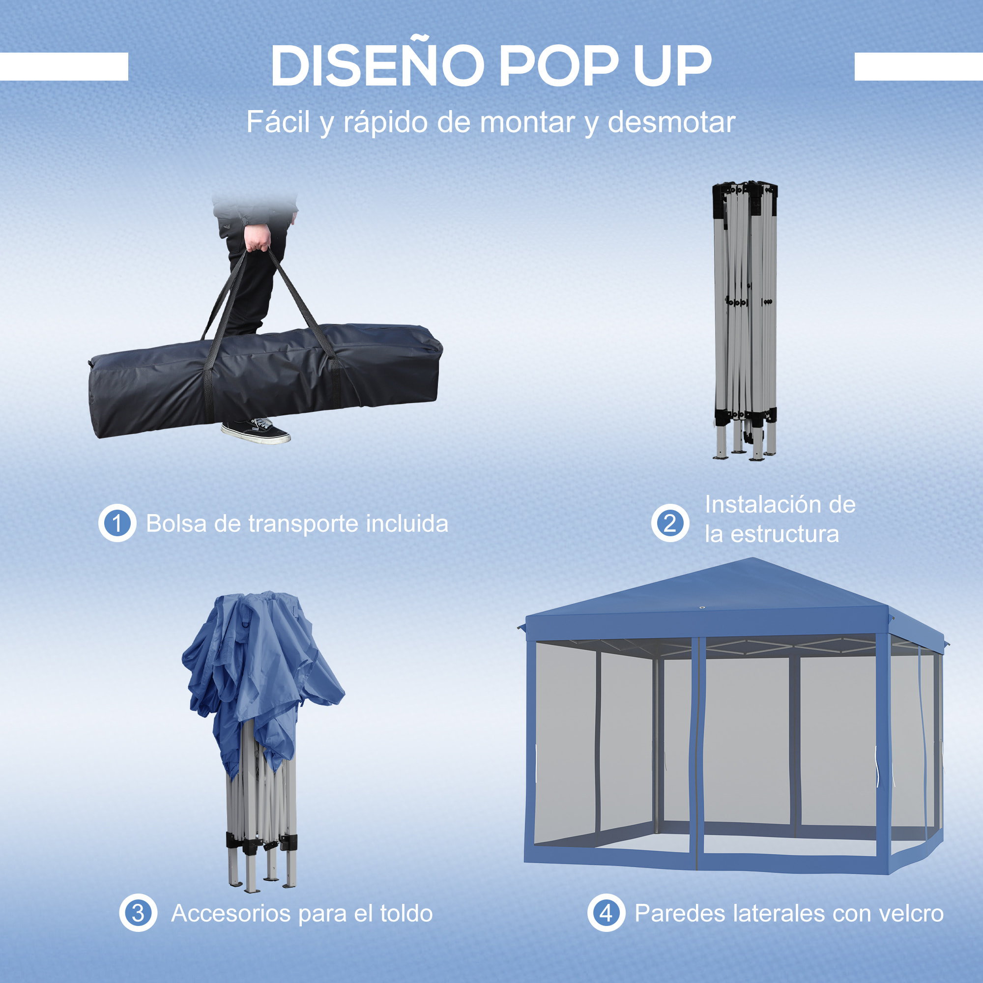 Carpa Plegable 3x3 m Cenador de Jardín con 4 Paredes Laterales de Malla 8 Orificios de Drenaje Impermeable y Bolsa de Transporte para Jardín Patio Fiestas Azul