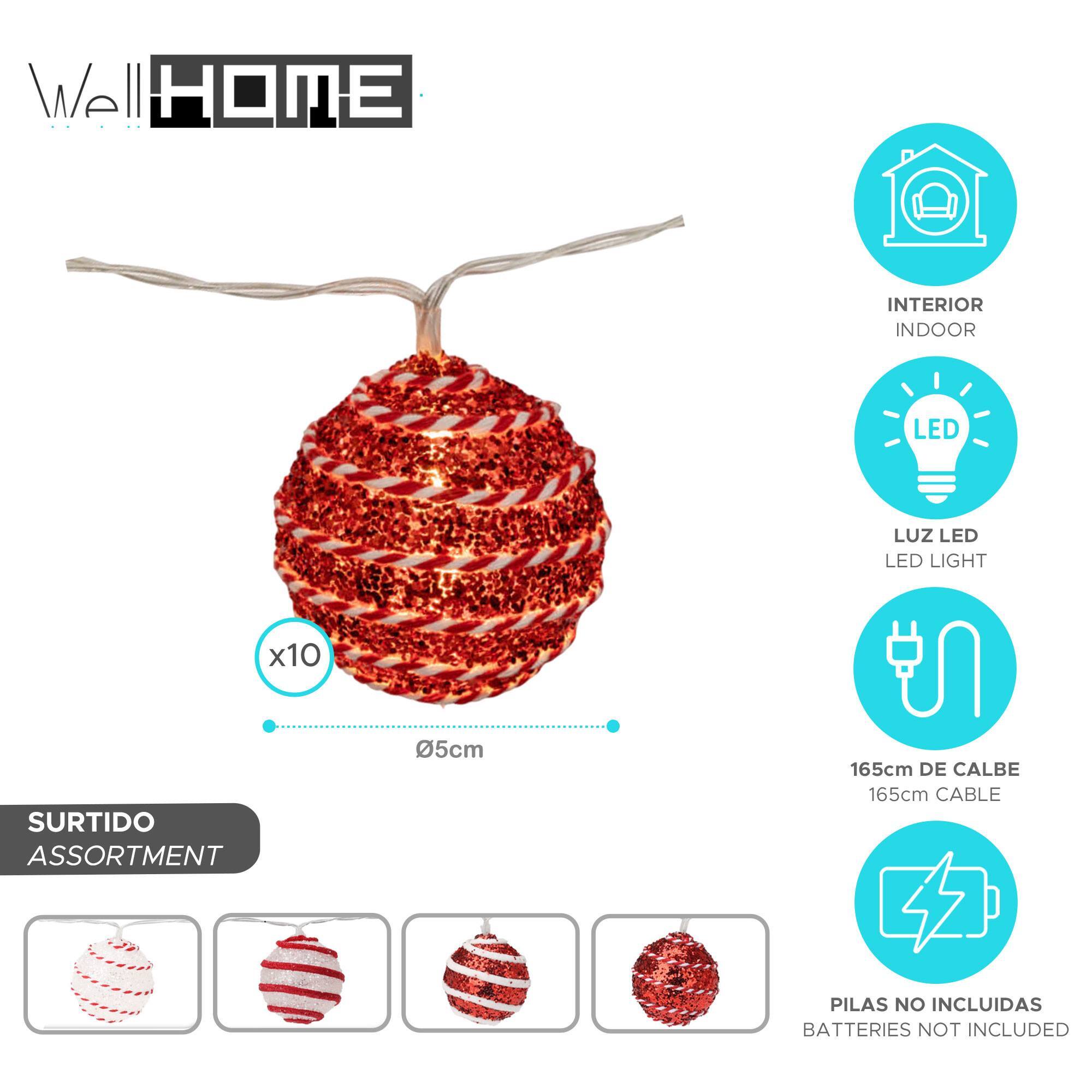 Guirnalda de 10 luces led navideña con bolas decorativas en rojo y blanco
