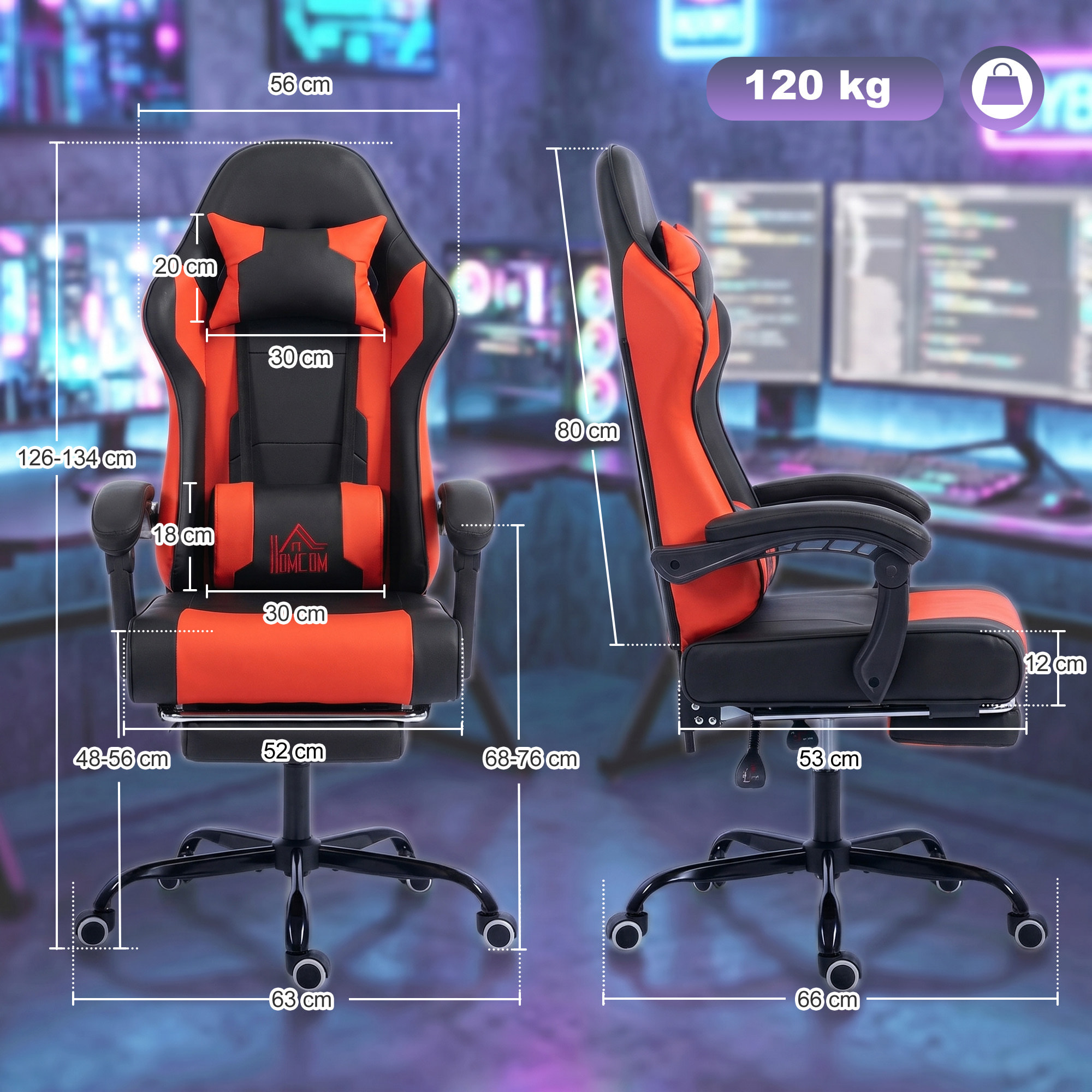 Silla Gaming Ergonómica, Silla Gamer con Lumbar Masaje Vibración, Reclinable 155°, Altura Ajustable, Reposacabezas y Reposapiés Retráctil, para Oficina, Estudio, Rojo