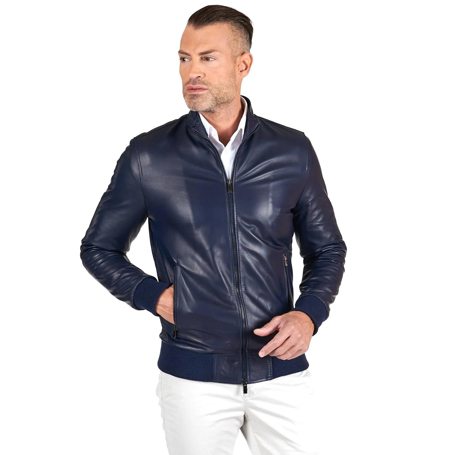 Giubbotto Bomber in pelle blu nappa effetto liscio