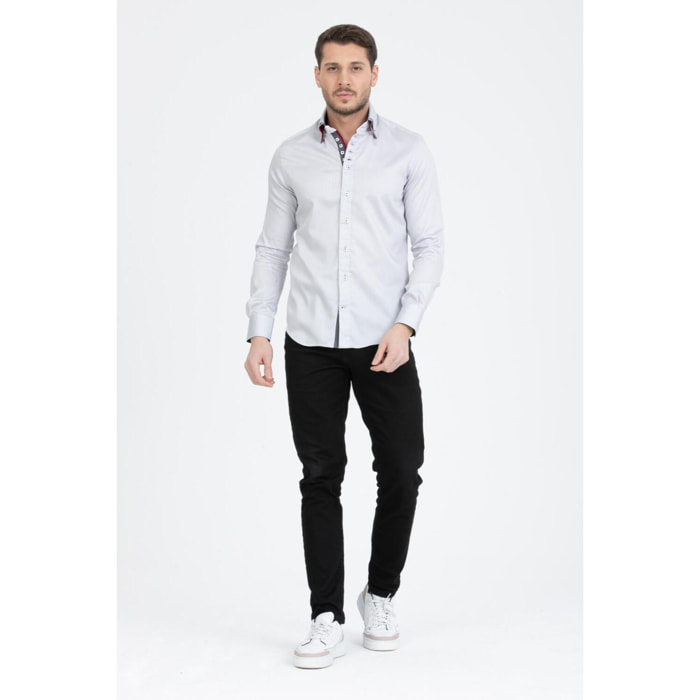 Camicia Uomo 2 Bottoni Button Down 7bottoni Doppio Coll Satin Unito Grigio