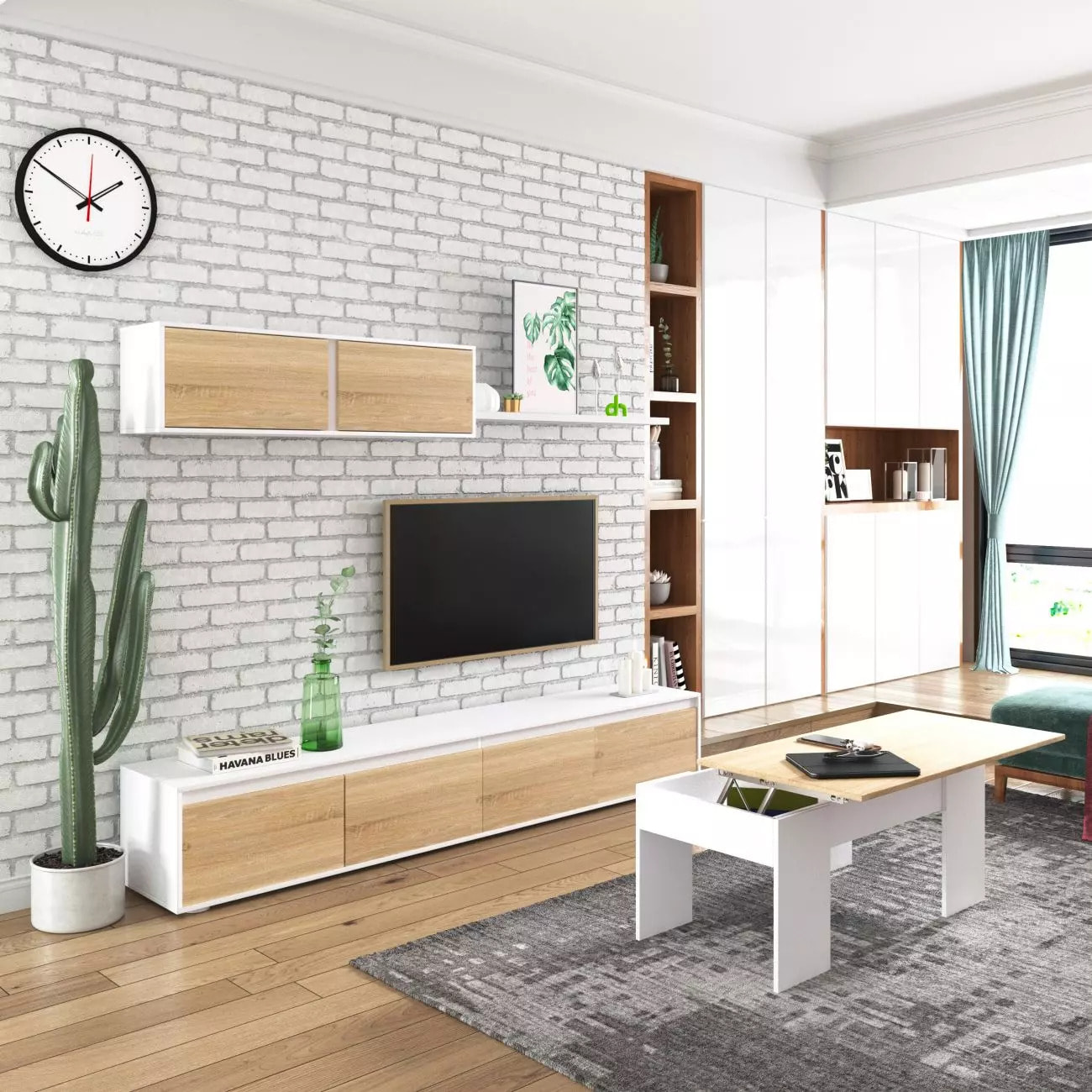 Pack salón con mesa de centro Arlet Plus V2 Blanco Artik (Blanco Mate) - Roble Canadian