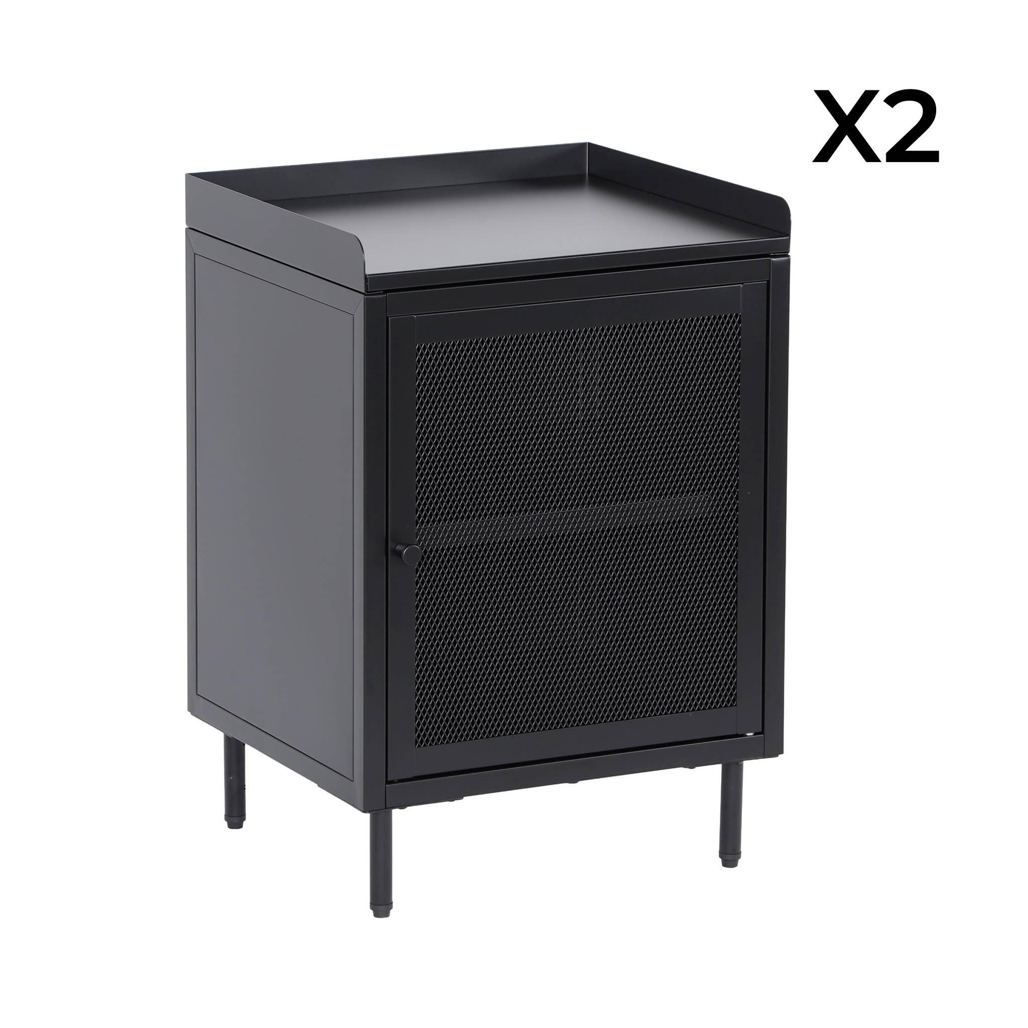 Lot de 2 tables de chevet industrielles métal noir 1 porte grillagée. 40 x 37 x 58.5 cm - Ohio