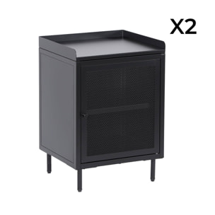 Lot de 2 tables de chevet industrielles métal noir 1 porte grillagée. 40 x 37 x 58.5 cm - Ohio