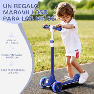 Patinete para Niños de 2-6 Años Patinete Infantil Patinete con 3 Ruedas Luces LED Altura Ajustable Carga 25 kg 52x29x63-76 cm Azul