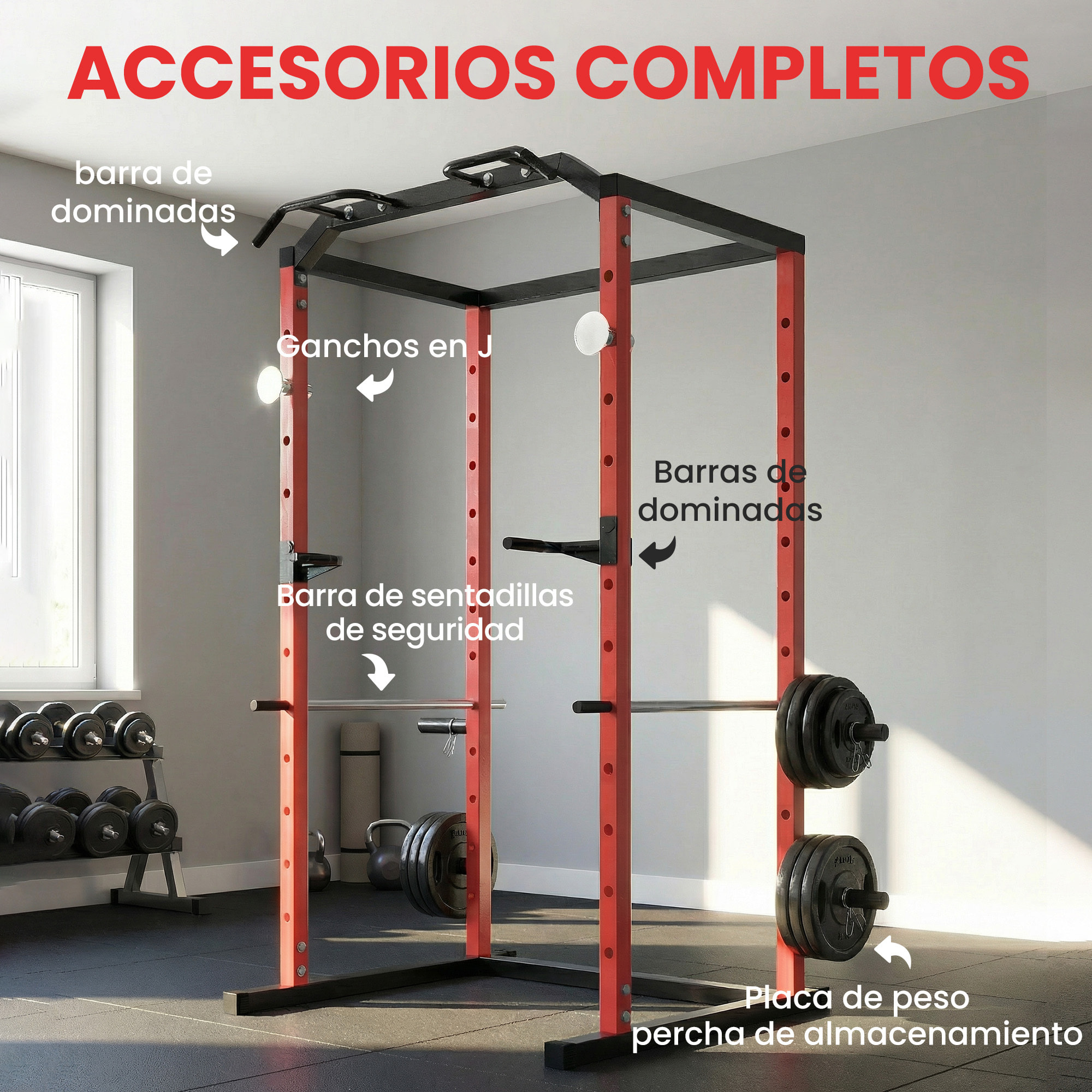 Jaula de Potencia Musculación, Rack para Sentadillas con Barra de Dominadas, Estación de Fondos Ajustable en Altura, Soporte de Barra Regulable, para Casa Gimnasio, Carga 460 kg