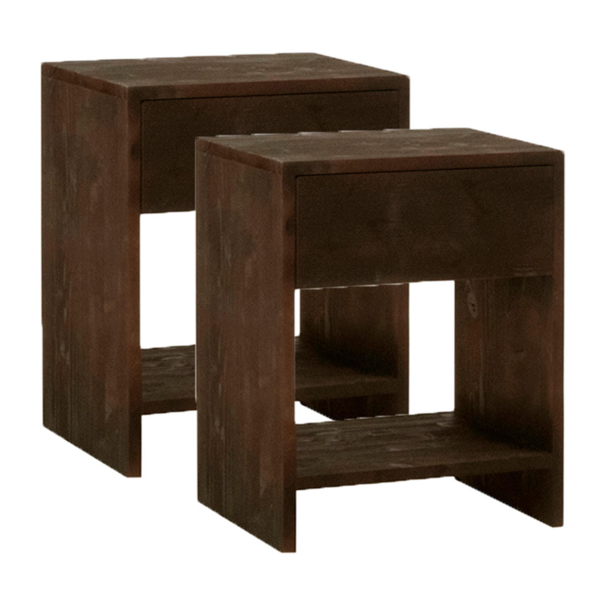 Pack de 2 mesitas de madera maciza con un cajón en tono nogal de varias medidas