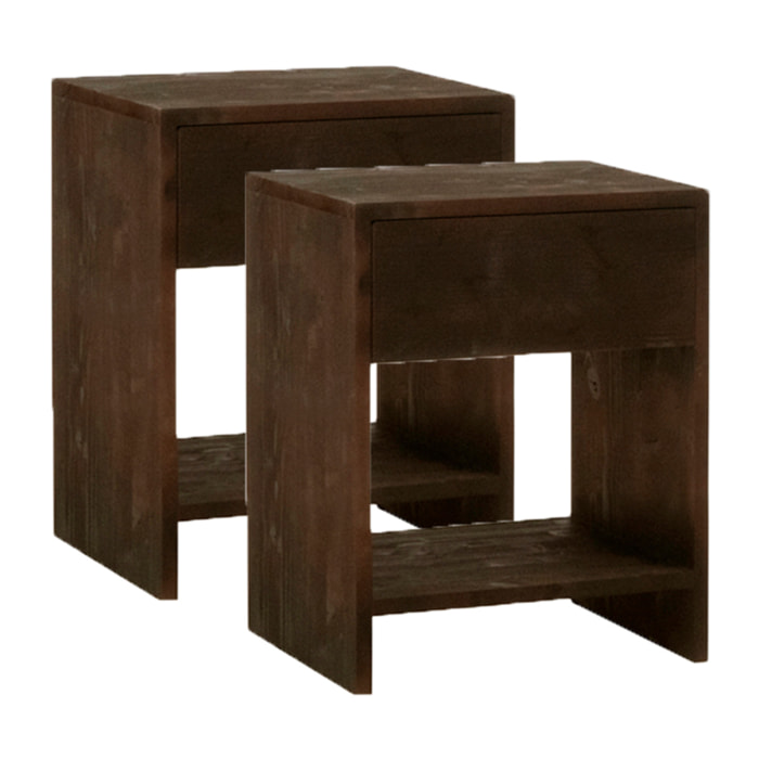 Pack de 2 mesitas de madera maciza con un cajón en tono nogal de varias medidas