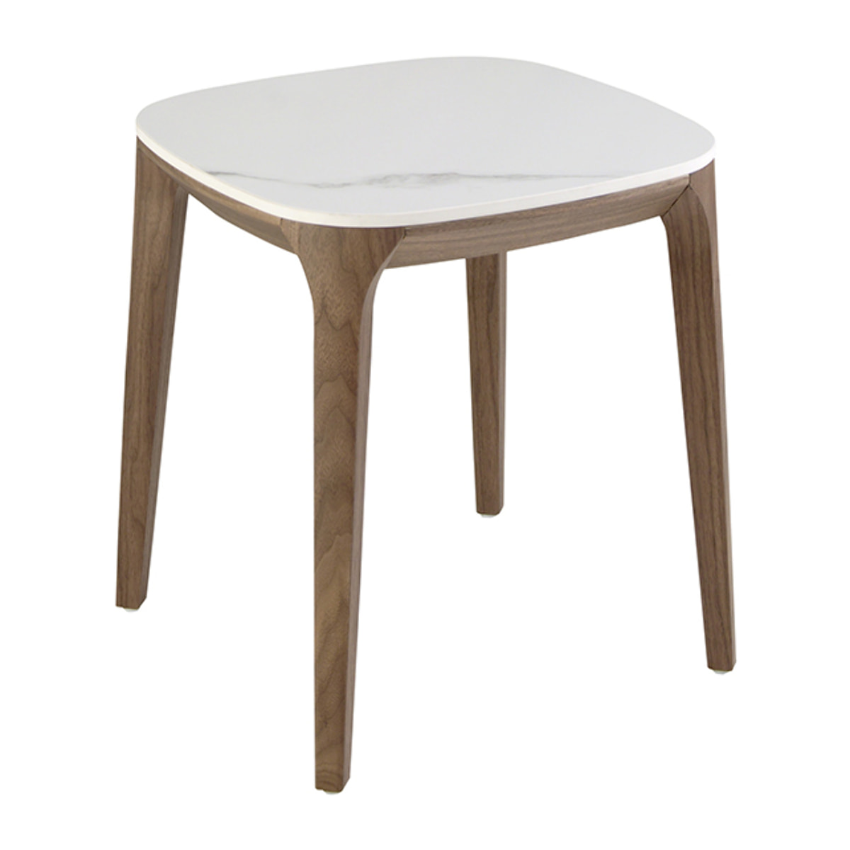 Mesa rincón cuadrada con tapa de mármol porcelánico blanco con vetas en gris en acabado brillo y patas de madera chapada en nogal natural 50x50x51cm