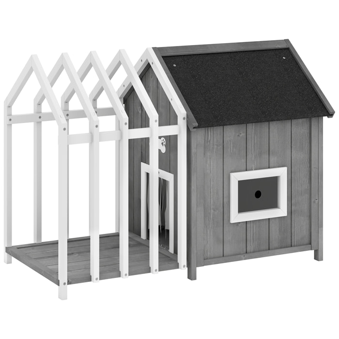 Niche villa pour chien sur pied - terrasse, claustra, auvent, porte, fenêtre, toit bitumé - bois blanc gris