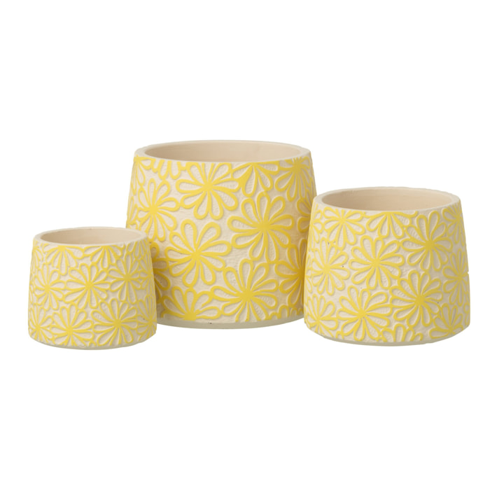 J-Line Cache-pot Rond Fleurs - céramique - jaune - large