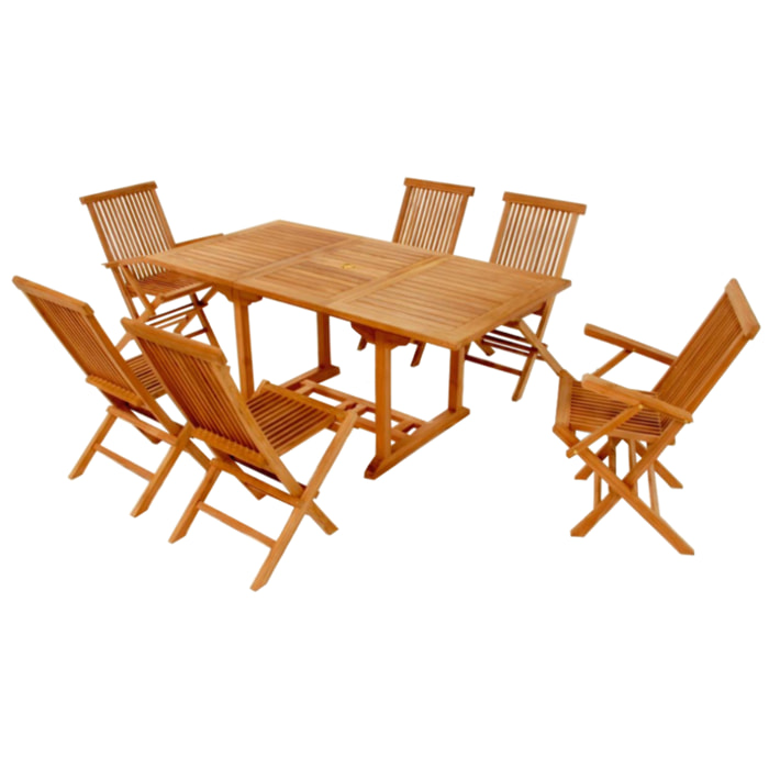 Table rectangulaire 4 chaises et 2 fauteuils en teck huilé NARRA