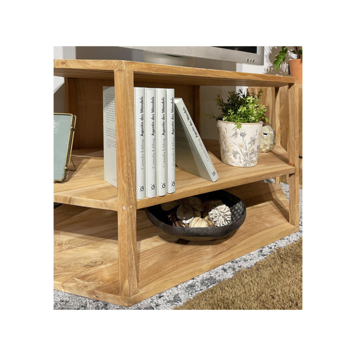 Meuble TV d'angle hexagonal L. 110 cm en bois de teck massif - ROMA