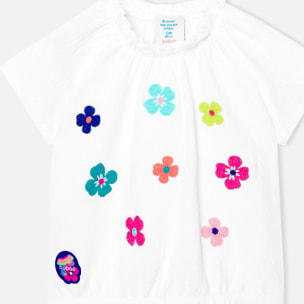 Camiseta niÃ±a engomada, estampado flores, blanco, mangas