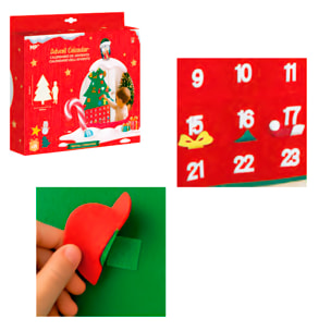 Calendario de Adviento de fieltro con forma de árbol de Navidad. Incluye 24 accesorios para decorar. 65.5x84.5 cm.