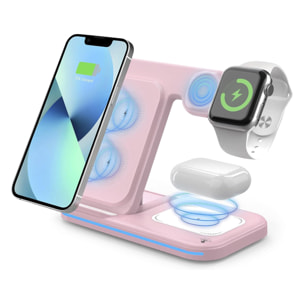 DAM Base de carga inalámbrica plegable 3 en 1. Base Qi 15W doble posición, cargador de Apple Watch y base Qi. Con luz ambiental. Función stand. 15x8,5x11 Cm. Color: Rosa