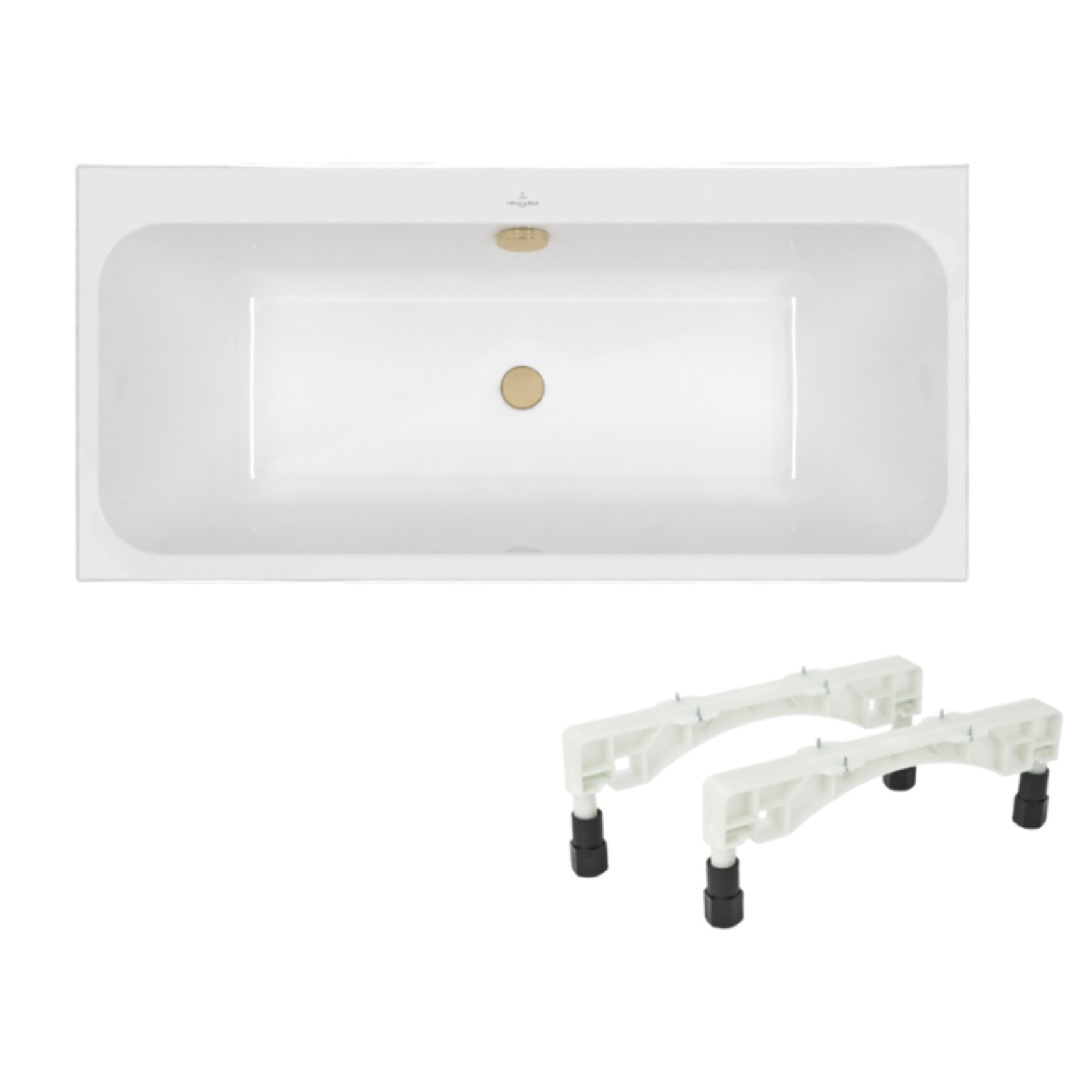 Baignoire droite 150 x 70 VILLEROY & BOCH Architectura + Pieds + Vidage de baignoire WIRQUIN doré