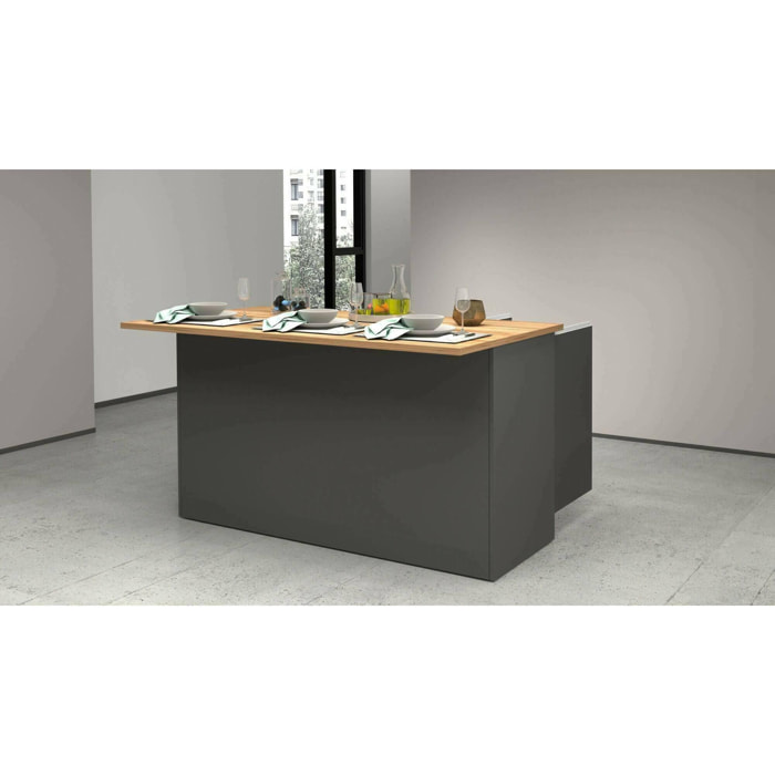 Isola da cucina Dcarnelo, Tavolo ausiliario portaoggetti, Mobile da cucina a 3 ante, 100% Made in Italy, 155x90h90 cm, Antracite e Rovere