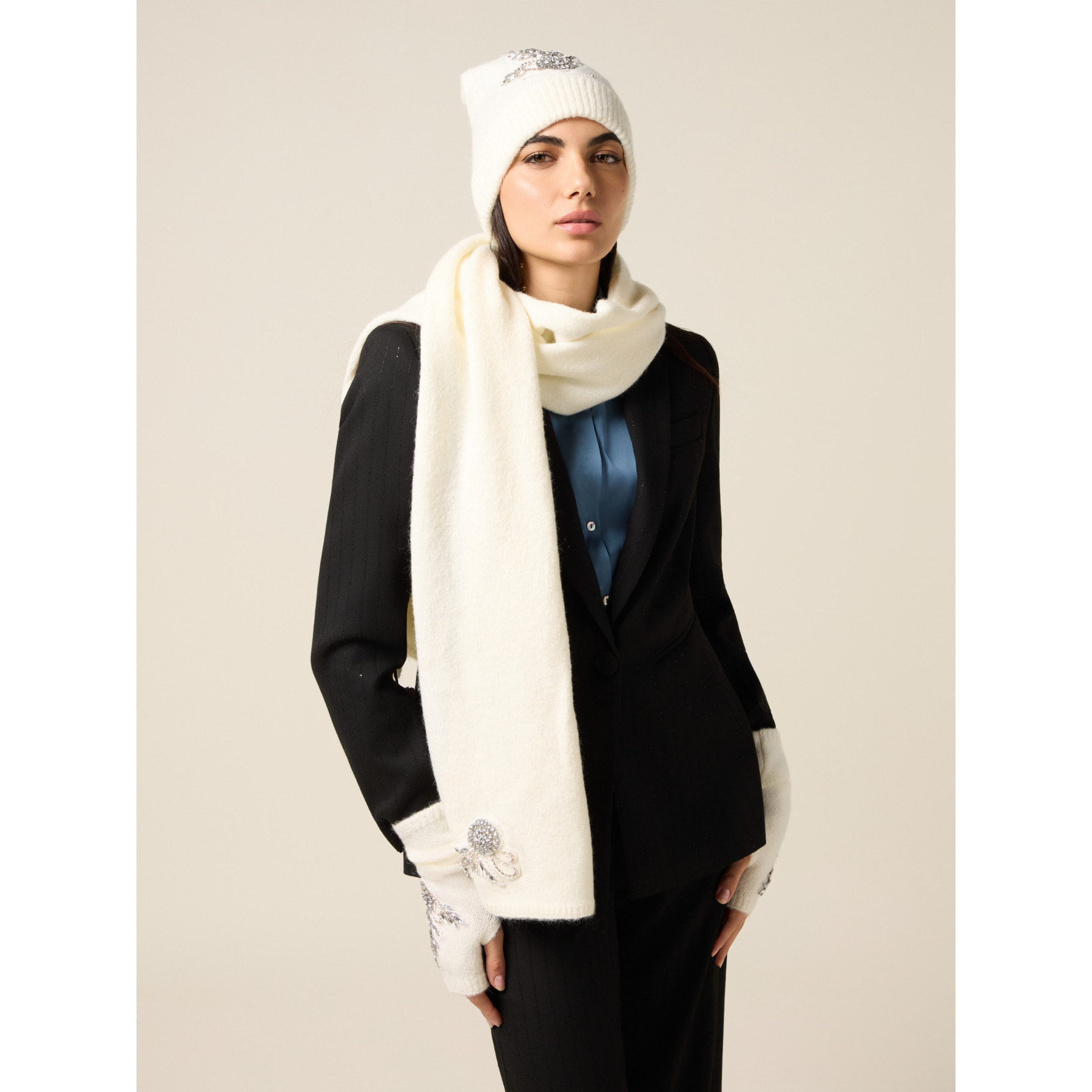 Oltre - Bufanda mezcla de lana con bordado joya - Blanco