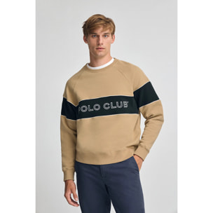 Sudadera marrón claro de corte relajado, cuello redondo y logo Polo Club