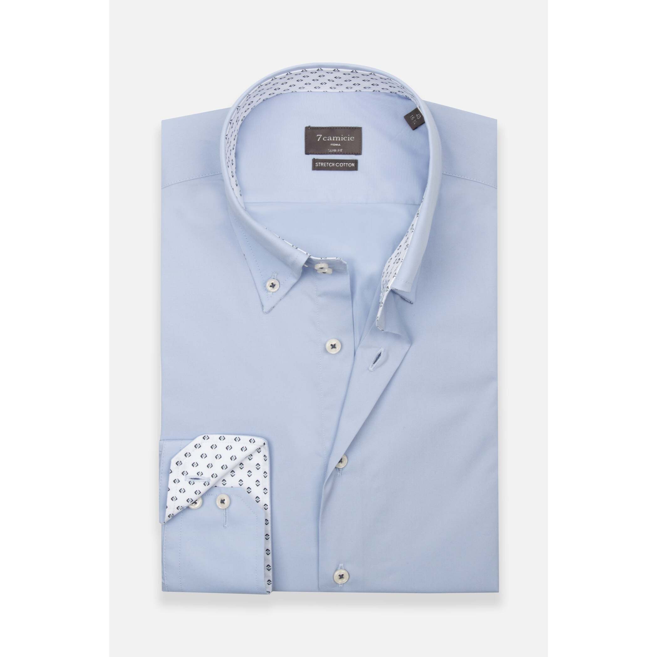 Camicia Uomo 2 Bottoni Button Down Slim Popeline Stretch Unito Celeste