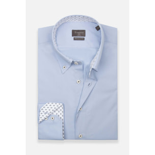 Camicia Uomo 2 Bottoni Button Down Slim Popeline Stretch Unito Celeste