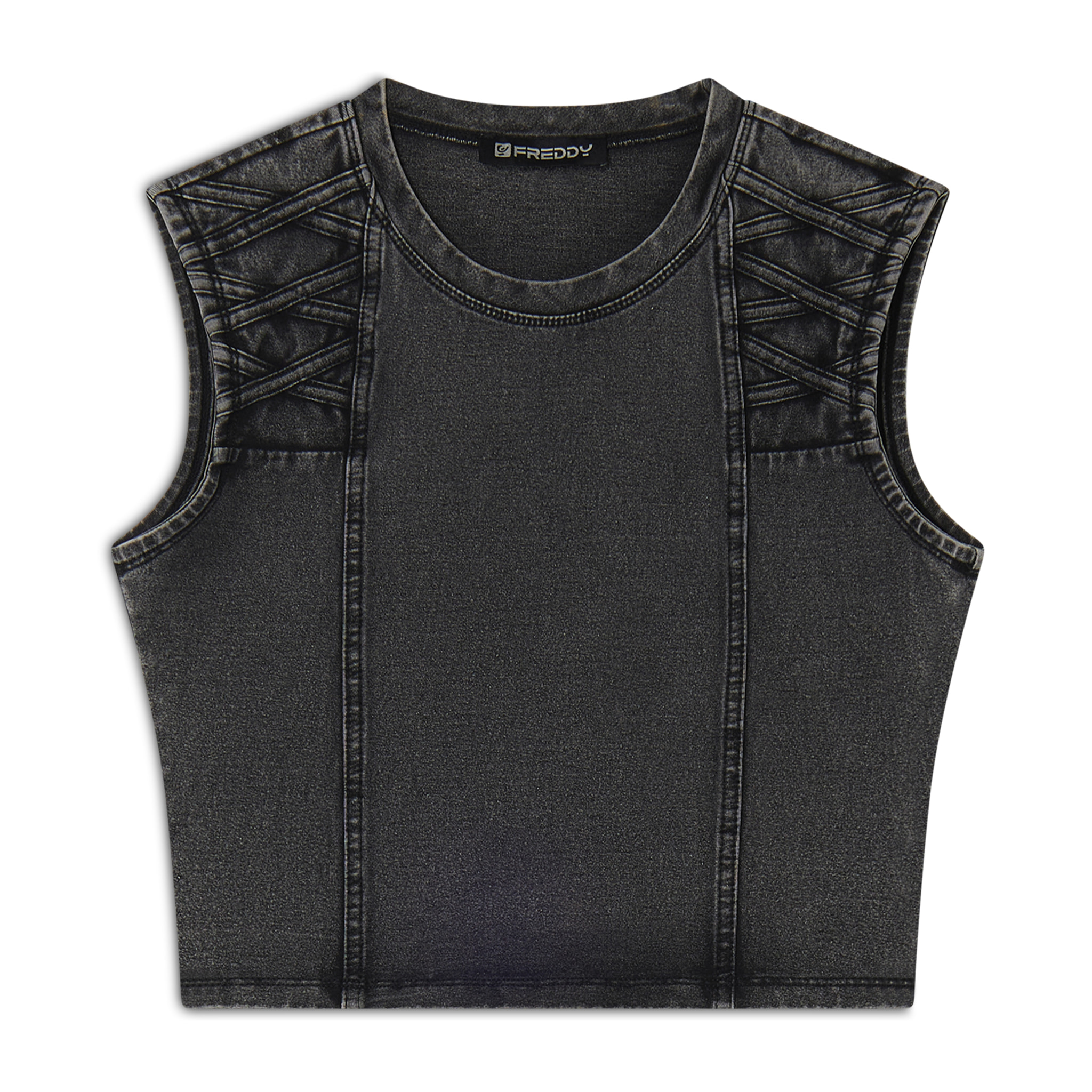 Top cropped effetto denim decorato sulle spalle