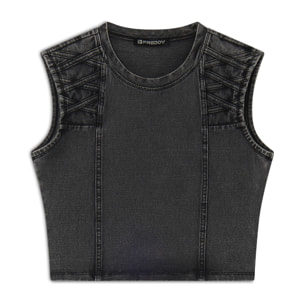 Top cropped effetto denim decorato sulle spalle