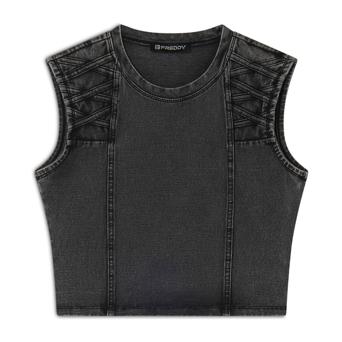 Top cropped effetto denim decorato sulle spalle