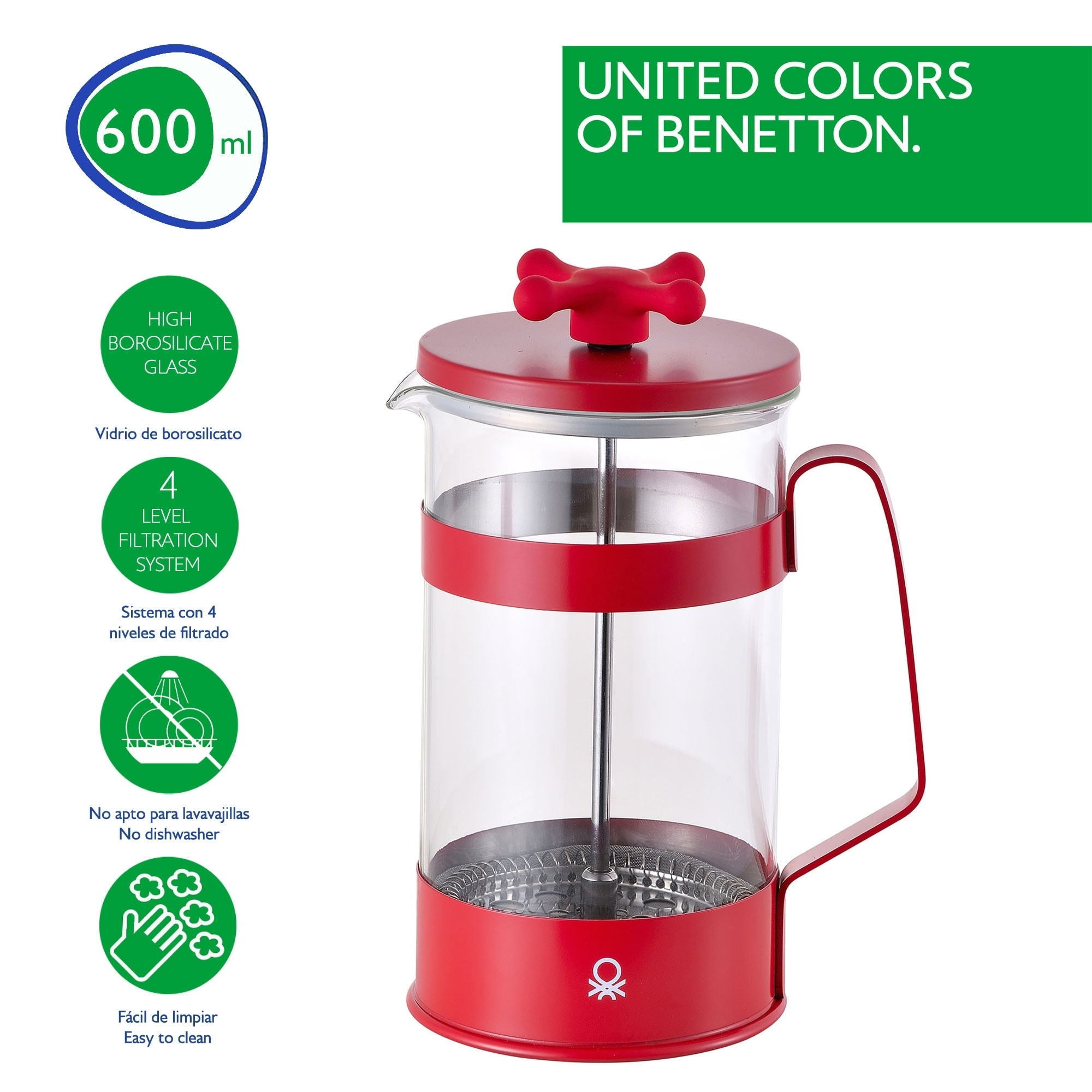 Cafetera con émbolo 6 tazas, 600ml, rojo mate Benetton