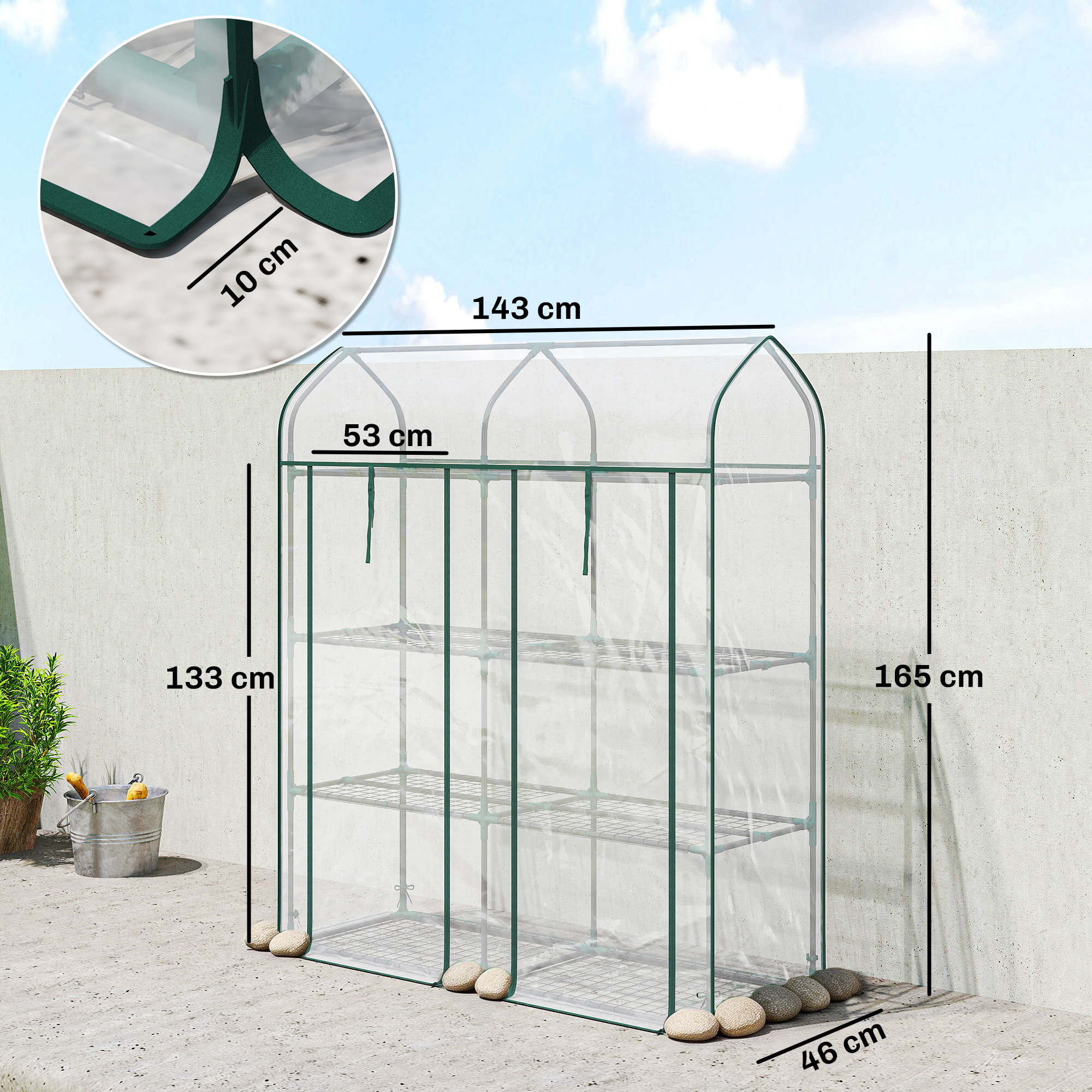 Invernadero Pequeño de 3 Niveles, Invernadero de Exterior con 2 Puertas Enrollables, Marco de Acero y Cubierta de Plástico Anti-UV para Cultivar Plantas, Flores, 143x46x165 cm, Transparente