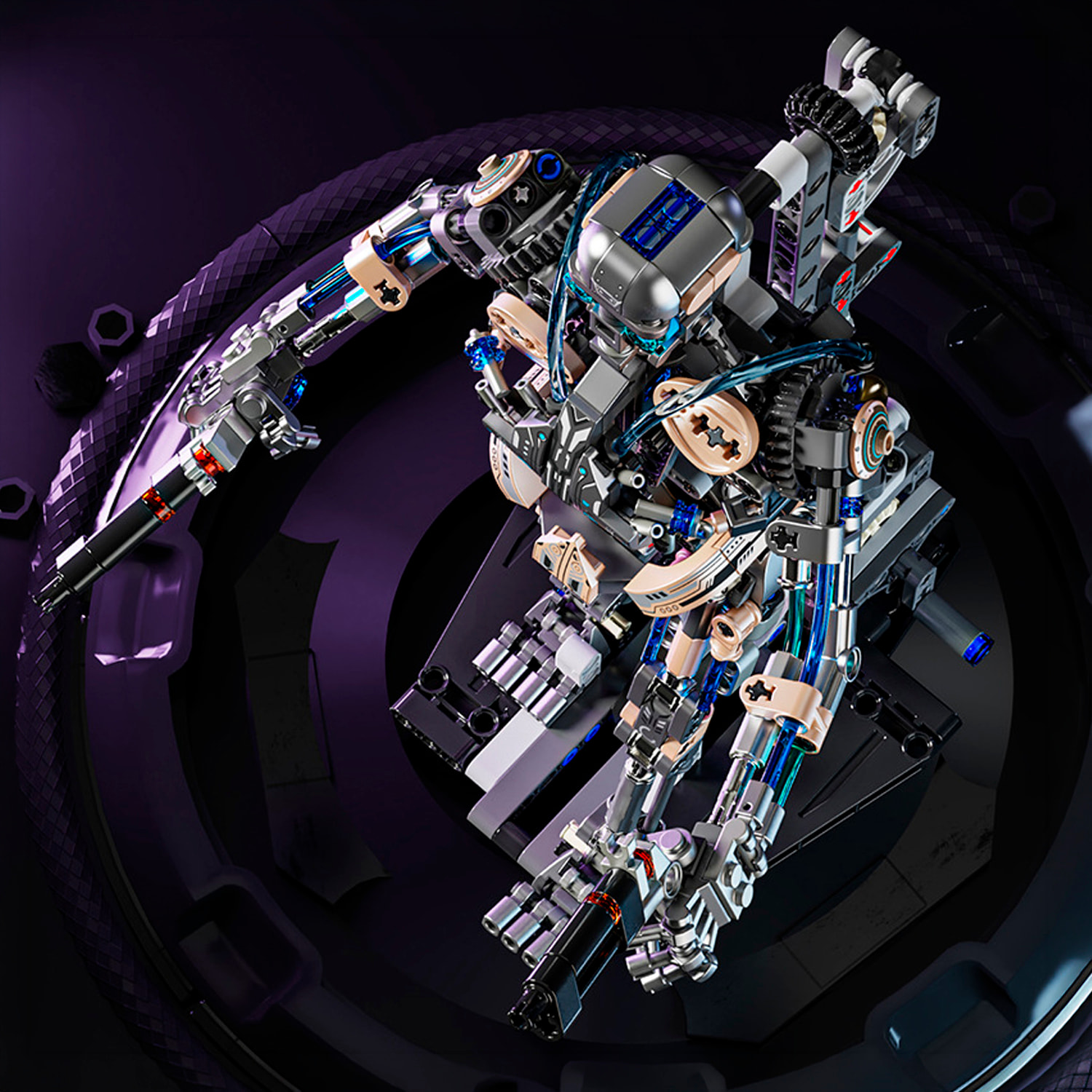 Maqueta 3D mecanizada de esqueleto con 692 piezas, equipada con luces y mecanismo de manivela que permite movimiento dinámico.