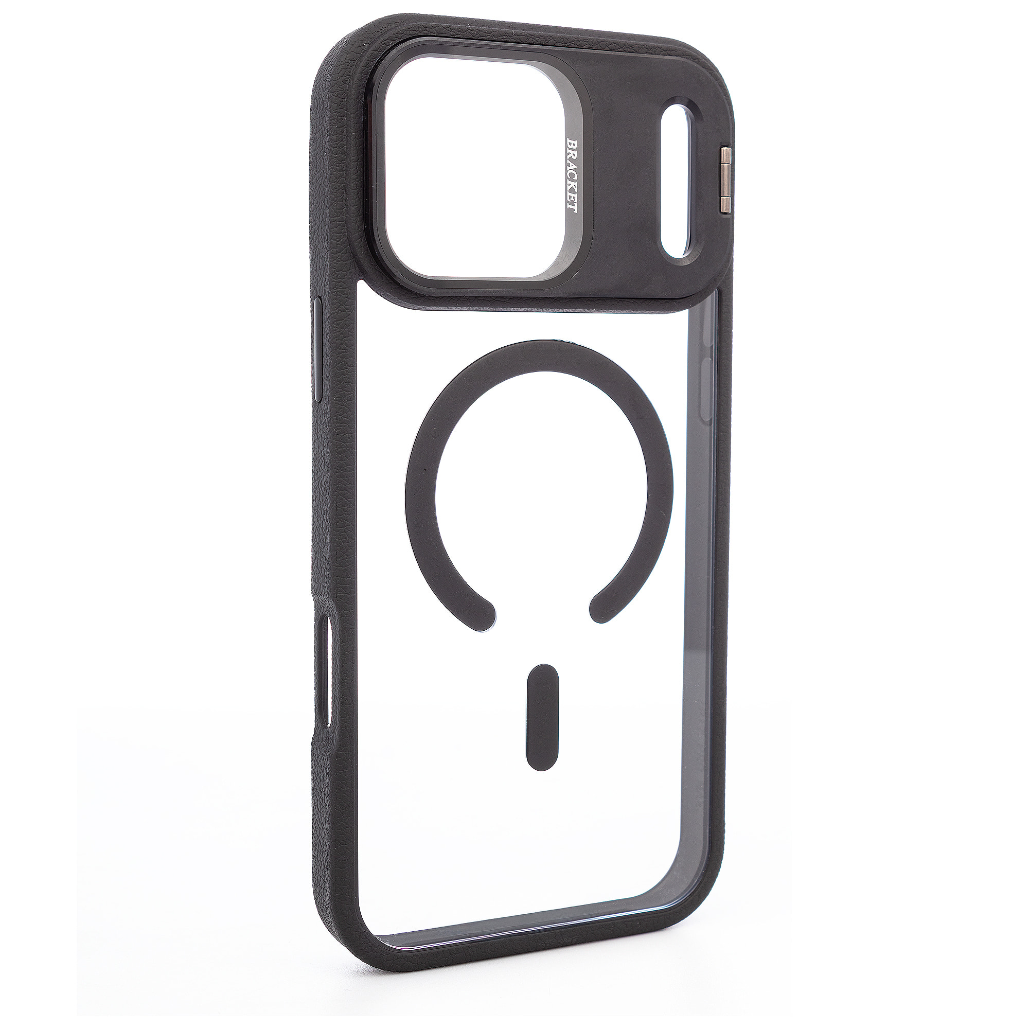 Custodia trasparente con copertura della fotocamera ribaltabile che funziona come supporto, bordi neri. MagSafe per iPhone 17 Pro Max.