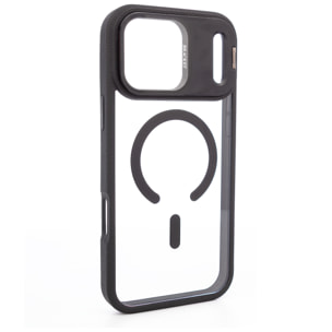Custodia trasparente con copertura della fotocamera ribaltabile che funziona come supporto, bordi neri. MagSafe per iPhone 17 Pro Max.