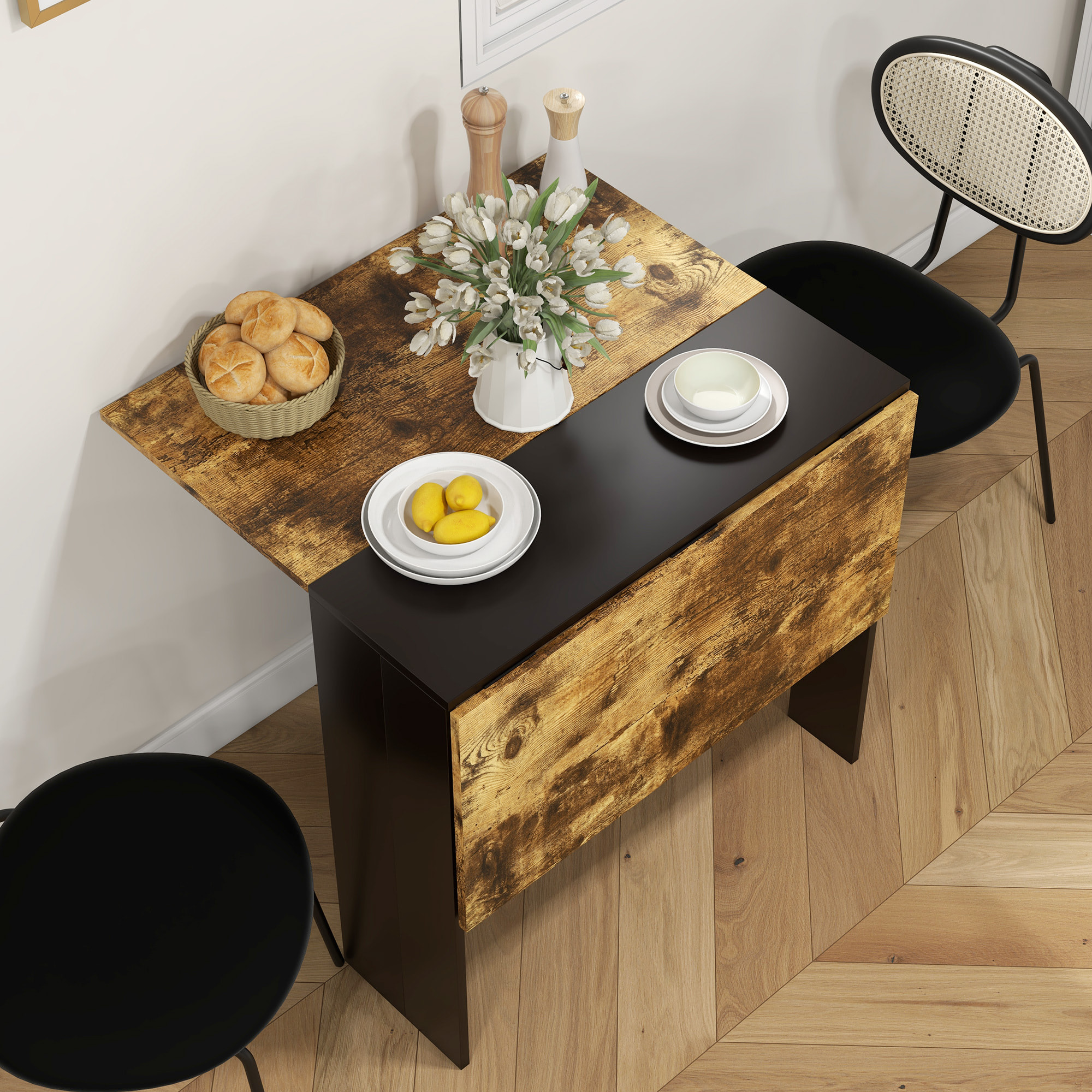 Mesa Plegable de Comedor, Mesa de Cocina Plegable, con Alas Abatibles, para Salón, Espacio Pequeño, 103x76x73,5 cm, Negro y Marrón Rústico